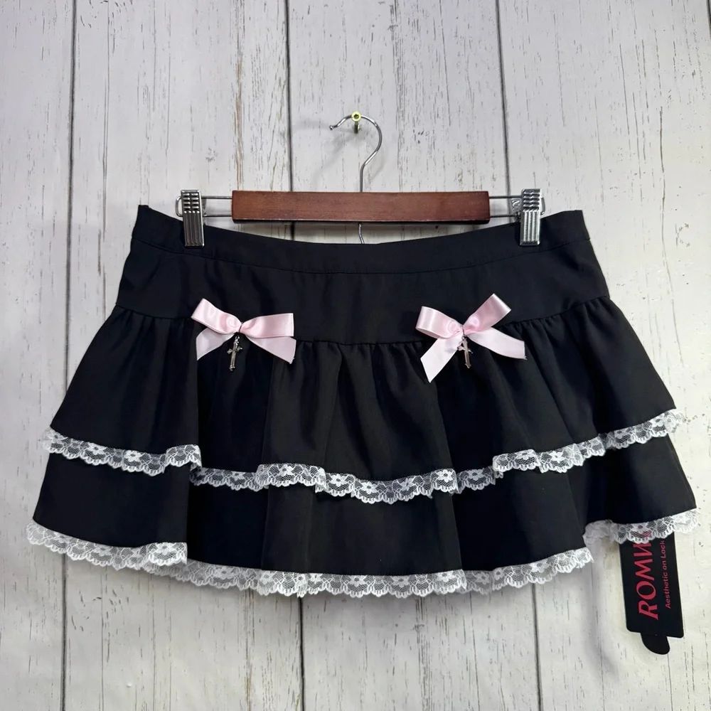 Romwe Black Lace Ruffle Mini Skirt Bow Gothic Y2K Coquette M